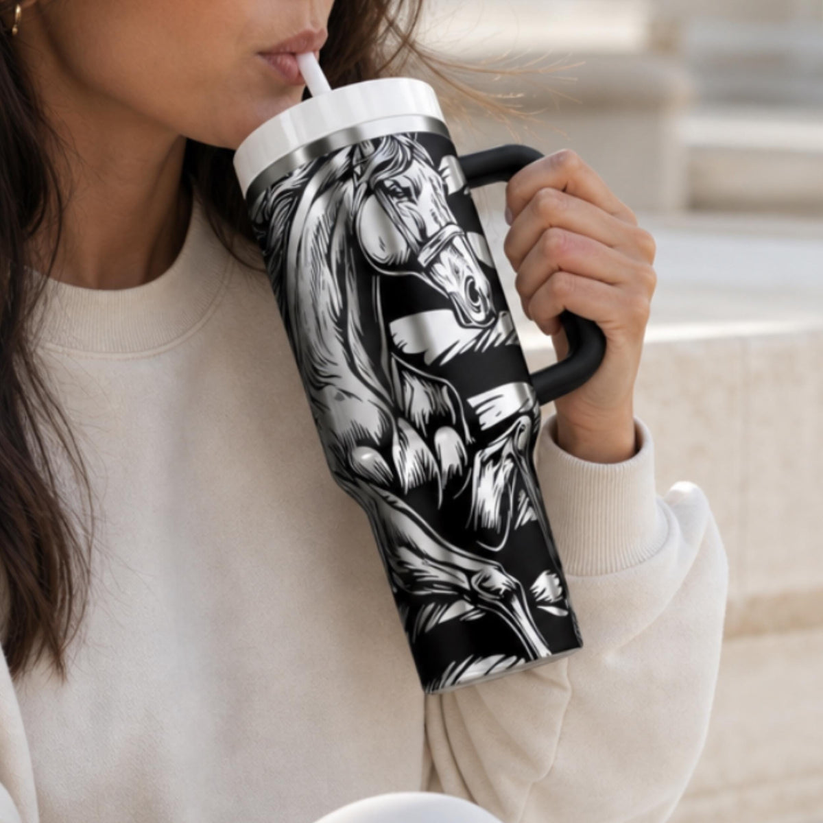 Stainless Steel Travel Mug 40oz Capacity Double Wall Insulated Tumbler With Handle American Flag Horse Design Patriotic Drinkware Perfect Gift Ranch Kitchen Accessory Western Lifestyle Essential Keeps Beverages Hot Cold Country Style