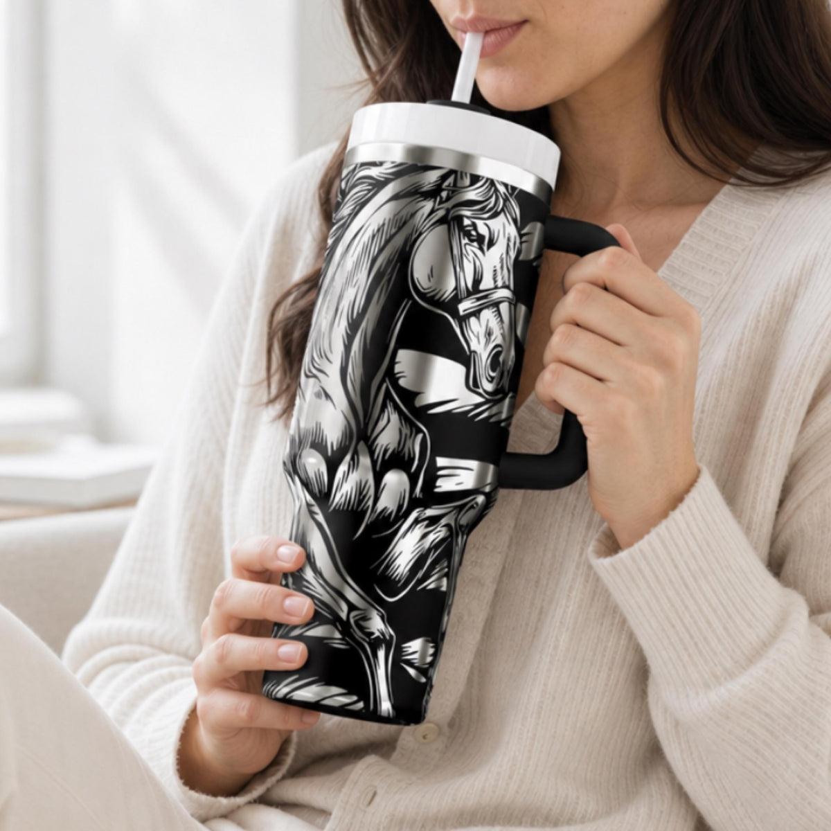 Insulated Stainless Steel Tumbler 40oz Capacity With Handle Double Wall Construction Keeps Beverages Hot Cold For Hours American Flag Horse Design Travel Mug Perfect For Ranch Lifestyle Western Enthusiasts Patriotic Drinkware Gift