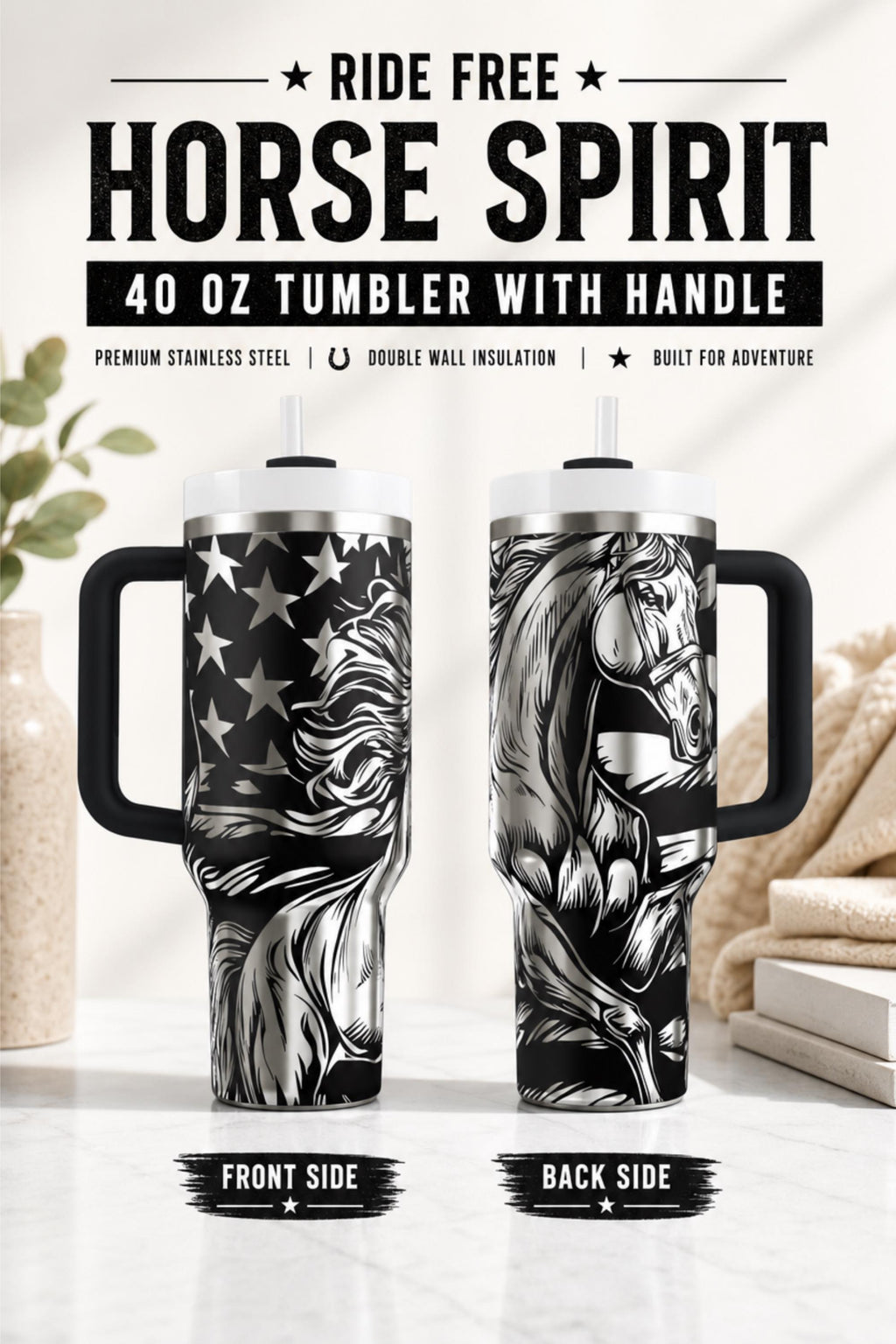 Horse Tumbler – 40oz Insulated Patriotic American Flag Design