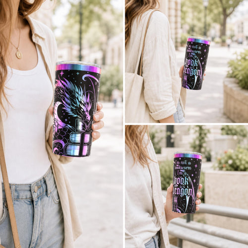 Stainless Steel Insulated Tumbler 20oz Capacity Double Wall Construction Temperature Control Drinkware Handle Design Dragon Fantasy Engraved Artwork Literary Quote Theme Book Lover Travel Mug Perfect Gift Reading Companion Gothic Aesthetic
