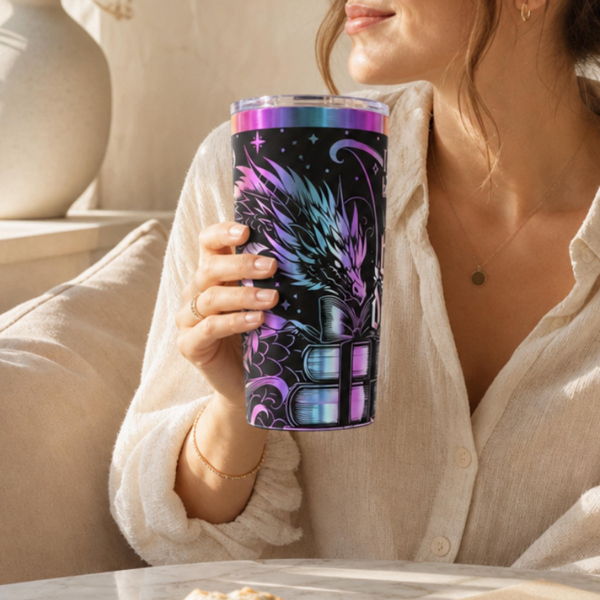Dragon Fantasy Design Tumbler Laser Engraved Artwork Literary Quote Theme 20oz Insulated Stainless Steel Construction Double Wall Temperature Control Gothic Aesthetic Style Book Lover Drinkware Perfect Gift Fantasy Reader Collection Handle
