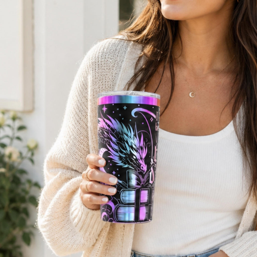 Reading Companion Travel Mug 20oz Insulated Tumbler Stainless Steel Construction Dragon Fantasy Design Literary Quote Engraved Artwork Double Wall Temperature Control Handle Drinkware Book Lover Daily Essential Perfect Gift Fantasy