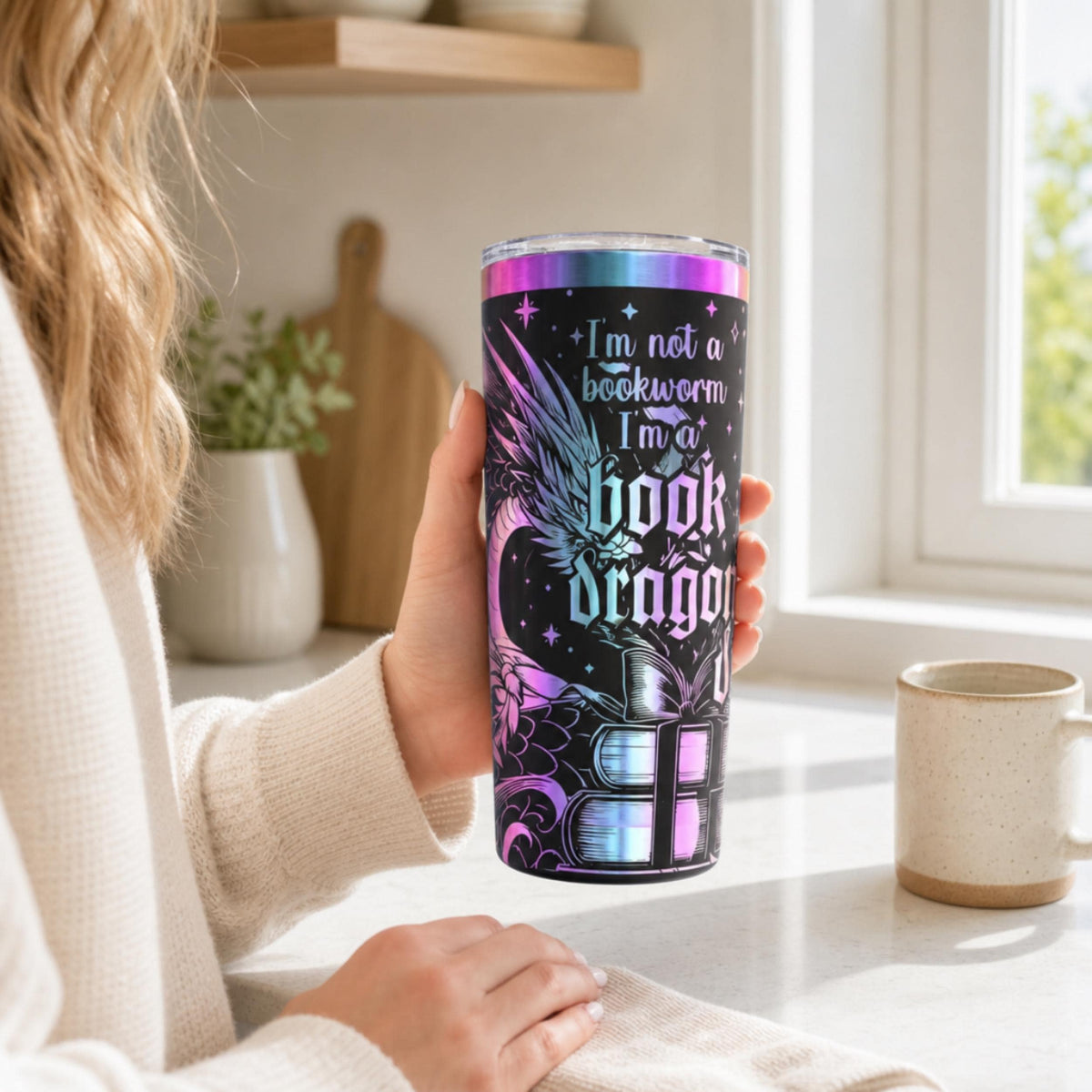 Premium Quality Tumbler 20oz Insulated Stainless Steel Construction Dragon Fantasy Engraved Design Literary Quote Artwork Double Wall Temperature Control Handle Drinkware Perfect Book Lover Gift Fantasy Reader Present Gothic Aesthetic Style