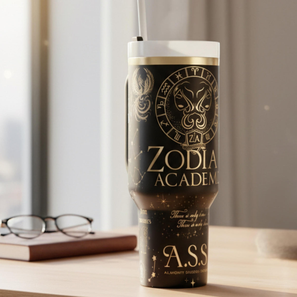 Forty Ounce Insulated Tumbler Fantasy Book Lover Gift Zodiac Academy Themed Design Steel Water Bottle Construction Booktok Inspired Merchandise Avid Reader Present Temperature Retention Container Hot Drinks Cold Beverages Daily Use