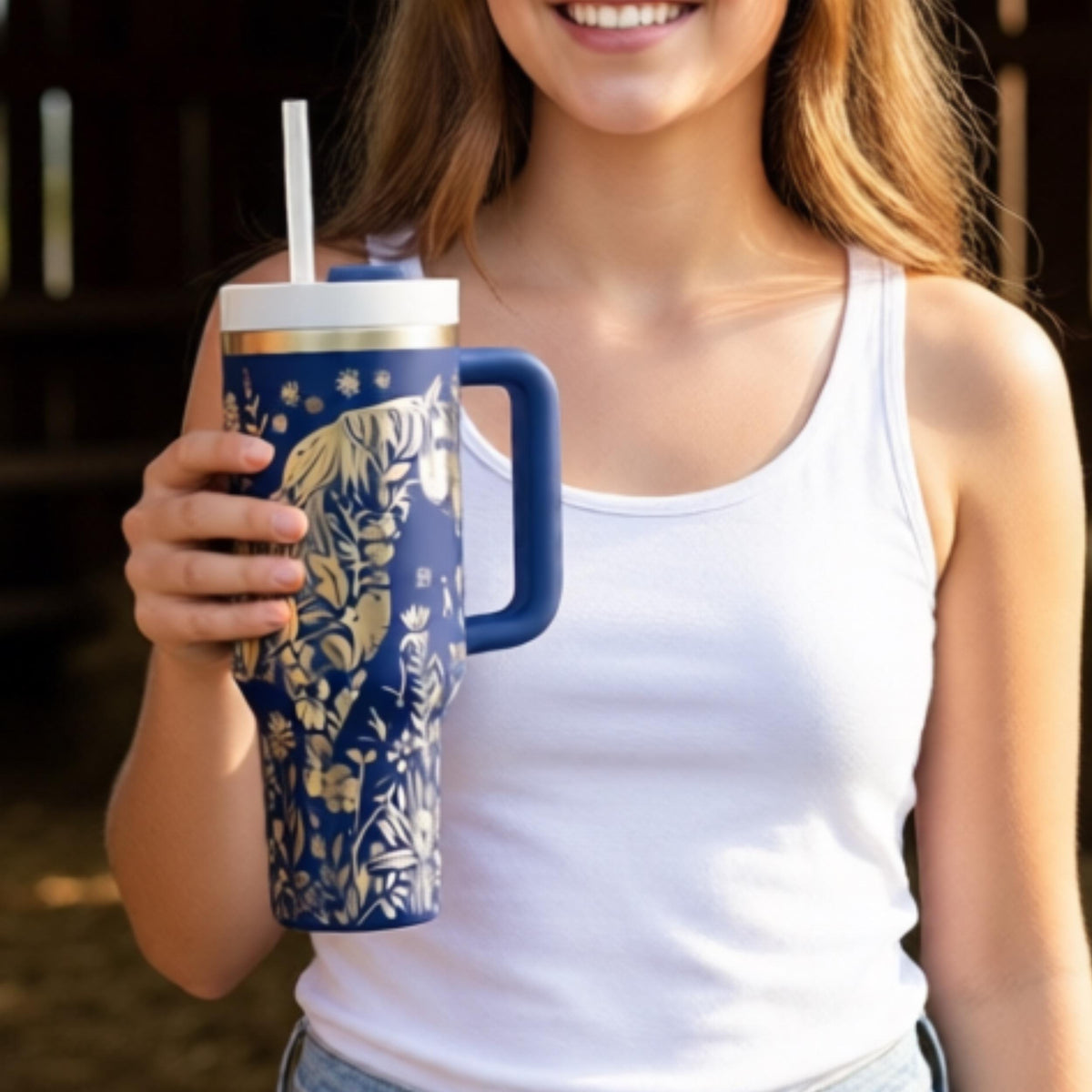 Travel Companion Horse Tumbler 40oz Insulated Cup Outdoor Adventure Essential Barn Stable Drinkware Laser Engraved Meadow Scene Wildflower Botanical Design Stainless Steel Construction Vacuum Insulated Technology Spill Proof Lid Handle