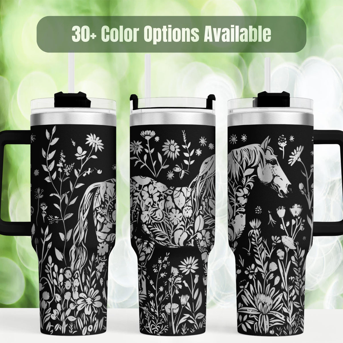 Horse Lover Gift Equestrian Tumbler 40oz Insulated Travel Cup Laser Engraved Meadow Design Wildflower Botanical Pattern Stainless Steel Drinkware Premium Quality Construction Vacuum Insulated Technology Keeps Drinks Hot Cold Hours Spill
