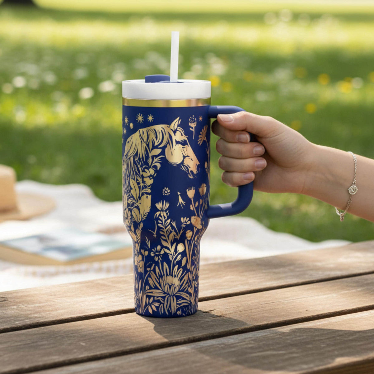 Laser Engraved Horse Tumbler Meadow Wildflower Design Botanical Nature Pattern 40oz Insulated Stainless Steel Cup Premium Quality Drinkware Vacuum Insulated Technology Hot Cold Beverage Essential Equestrian Gift Horse Lover Present