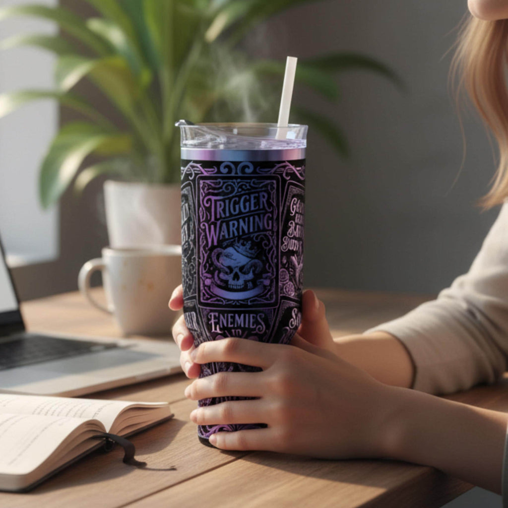 Reader Gift Tumbler Insulated Stainless Steel Construction Book Club Accessory Dark Romance Gothic Skull Design Forty Ounce Large Capacity Double Wall Vacuum Sealed Temperature Retention Black Handle Sliding Lid Straw Fantasy Romance Novel
