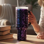 Gothic Design Tumbler Book Club Meeting Essential Forty Ounce Capacity Insulated Beverage Holder Dark Romance Theme Literary Fan Gift Stainless Steel Double Wall Construction Temperature Control Hot Cold Beverages Black Handle Lid Straw
