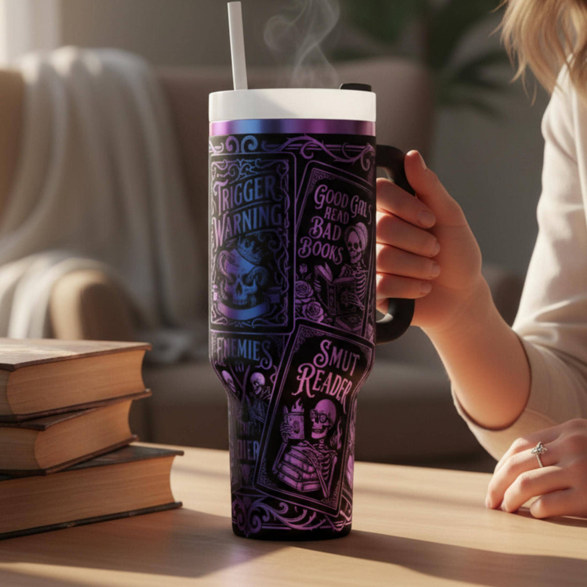 Gothic Design Tumbler Book Club Meeting Essential Forty Ounce Capacity Insulated Beverage Holder Dark Romance Theme Literary Fan Gift Stainless Steel Double Wall Construction Temperature Control Hot Cold Beverages Black Handle Lid Straw