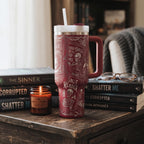Large Capacity Tumbler Insulated Double Wall Stainless Steel Book Lover Essential Dark Romance Reader Gift Gothic Literary Design Skull Rose Motif Forty Ounce Beverage Container Black Handle Lid Straw Included Romance Novel Fan Daily