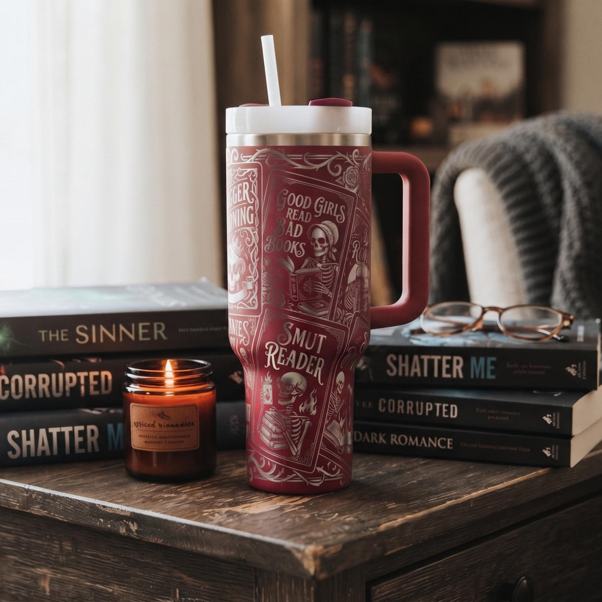 Large Capacity Tumbler Insulated Double Wall Stainless Steel Book Lover Essential Dark Romance Reader Gift Gothic Literary Design Skull Rose Motif Forty Ounce Beverage Container Black Handle Lid Straw Included Romance Novel Fan Daily