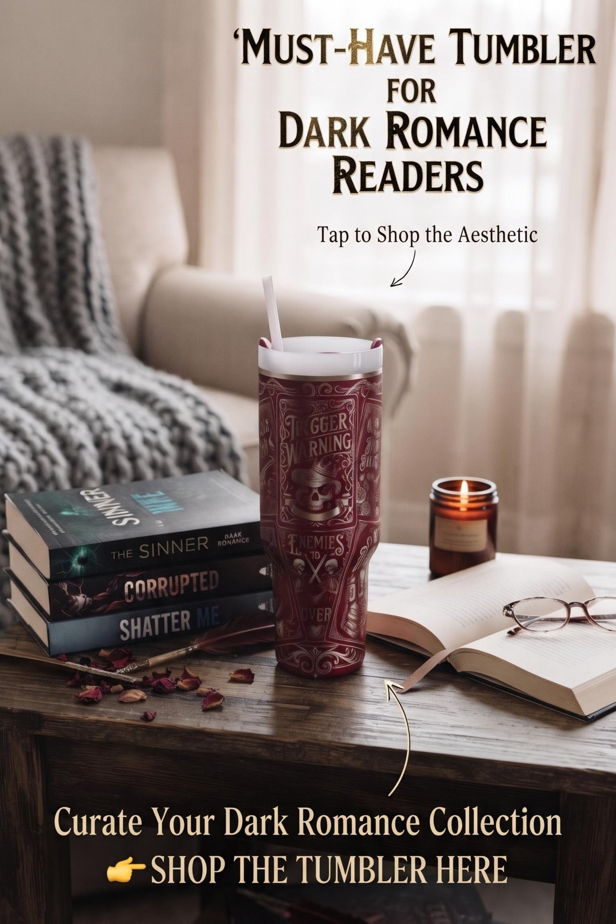 Book Club Tumbler – 40oz Insulated Dark Romance Gothic Design