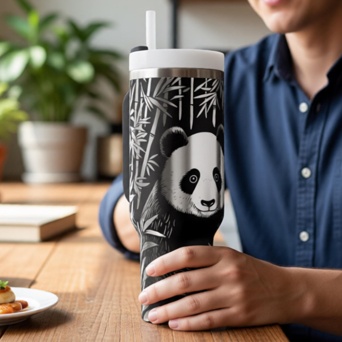 Insulated Travel Mug Panda Design Stainless Steel Tumbler 40oz Large Capacity Water Bottle Laser Engraved Bamboo Pattern Wildlife Theme Drinkware Hot Cold Beverage Keeper Animal Enthusiast Gift Panda Lover Present Nature Inspired Cup