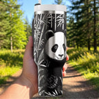 40oz Panda Tumbler Large Insulated Travel Mug Stainless Steel Construction Laser Engraved Animal Design Bamboo Pattern Wildlife Drinkware Hot Cold Beverage Container Nature Theme Gift Panda Lover Present Portable Water Bottle Daily Use