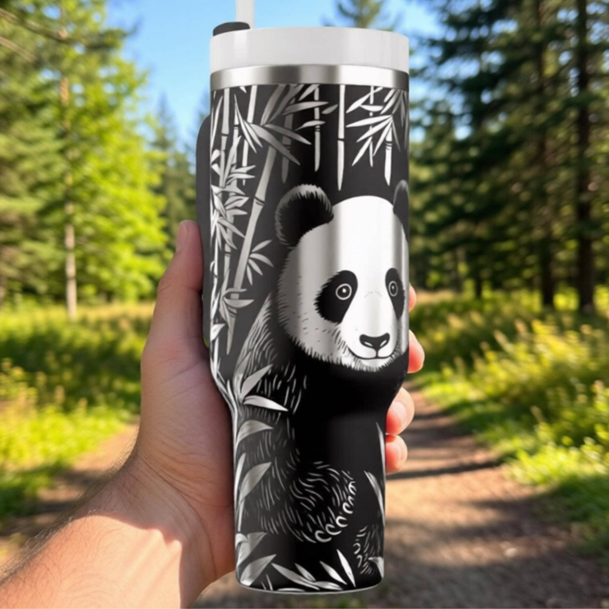 40oz Panda Tumbler Large Insulated Travel Mug Stainless Steel Construction Laser Engraved Animal Design Bamboo Pattern Wildlife Drinkware Hot Cold Beverage Container Nature Theme Gift Panda Lover Present Portable Water Bottle Daily Use