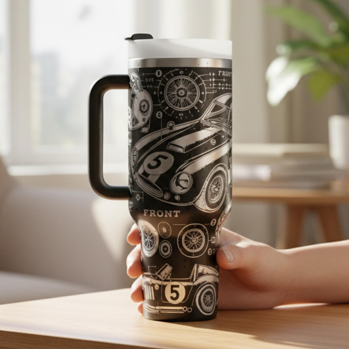 Perfect Mechanic Gift Race Car Themed Tumbler Vintage Blueprint Graphics Engine Schematic Design 40oz Stainless Steel Insulated Construction Double Wall Technology Keeps Beverages Cold Hot Automotive Enthusiast Drinkware Racing Fan Present