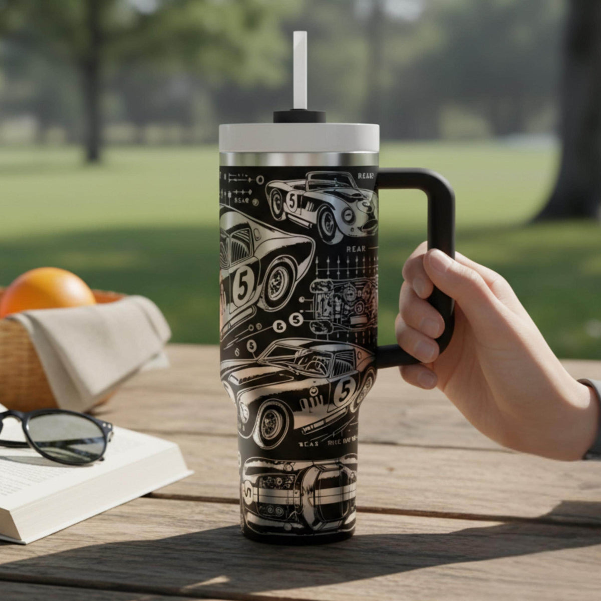 Racing Enthusiast Gift Premium Tumbler Vintage Car Blueprint Graphics Engine Schematic Pattern Technical Drawing Design 40oz Stainless Steel Insulated Construction Double Wall Technology Automotive Fan Drinkware Perfect Mechanic Present
