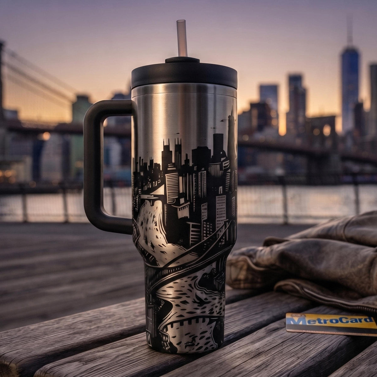 Stainless Steel Insulated Cup NYC Manhattan Skyline Wrap Design 40oz Travel Tumbler Double Wall Construction Office Commuter Bottle Spill Resistant Lid Handle Cup Holder Friendly New York City Souvenir Gift Urban Enthusiast Daily Hydration