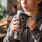 Large Capacity Travel Tumbler Insulated Double Wall Construction Stainless Steel Cup Features Handle Design Botanical Floral Pattern Perfect Daily Commute Office Gym Outdoor Activities Keeps Drinks Hot Cold Nature Inspired Gift Women Garden
