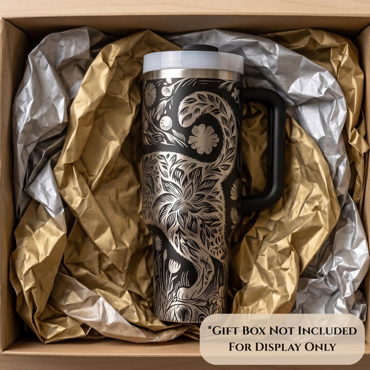 Elegant Floral Pattern Tumbler Features Botanical Wildflower Design Silver Gray Motifs Black Background Insulated Stainless Steel Construction Large 40oz Capacity Double Wall Technology Travel Mug Perfect Gift Nature Lovers Women Garden