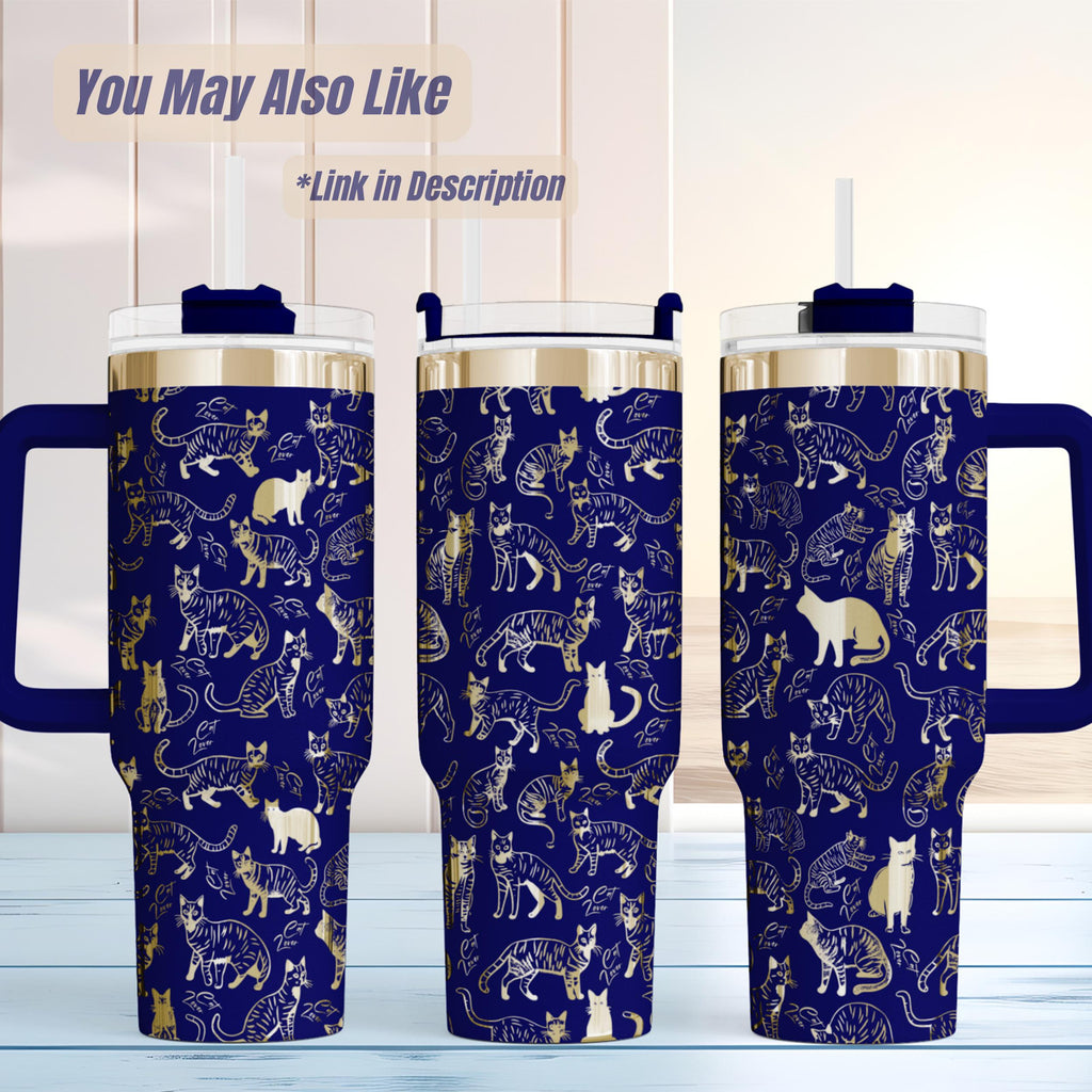 40oz Tumbler Handle – Floral Cat Design Double Wall Insulated Steel