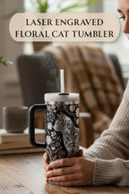 40oz Tumbler Handle – Floral Cat Design Double Wall Insulated Steel