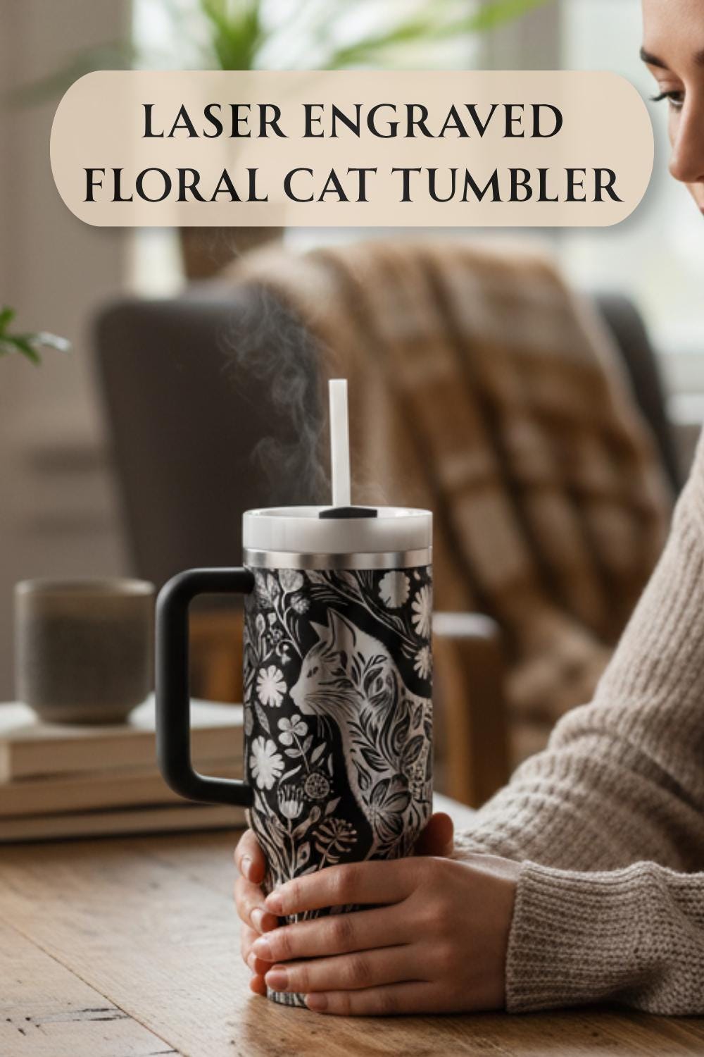 40oz Tumbler Handle – Floral Cat Design Double Wall Insulated Steel