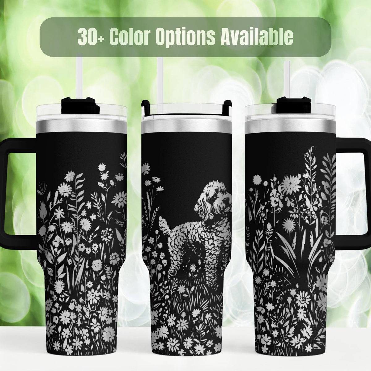 Goldendoodle Tumbler Insulated Travel Mug Floral Dog Design Stainless Steel Water Bottle Dog Lover Gift Doodle Mom Present Wildflower Pattern Beverage Container Hot Cold Drinks Portable Cup Handle Grip Pet Owner Drinkware Golden Doodle