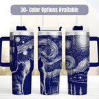 Artistic Cat Tumbler Starry Night Design Inspired By Van Gogh Navy Blue White Swirling Patterns 40oz Vacuum Insulated Stainless Steel Travel Mug Double Wall Construction Perfect Gift For Art Lovers Cat Enthusiasts Coffee Drinkers Daily