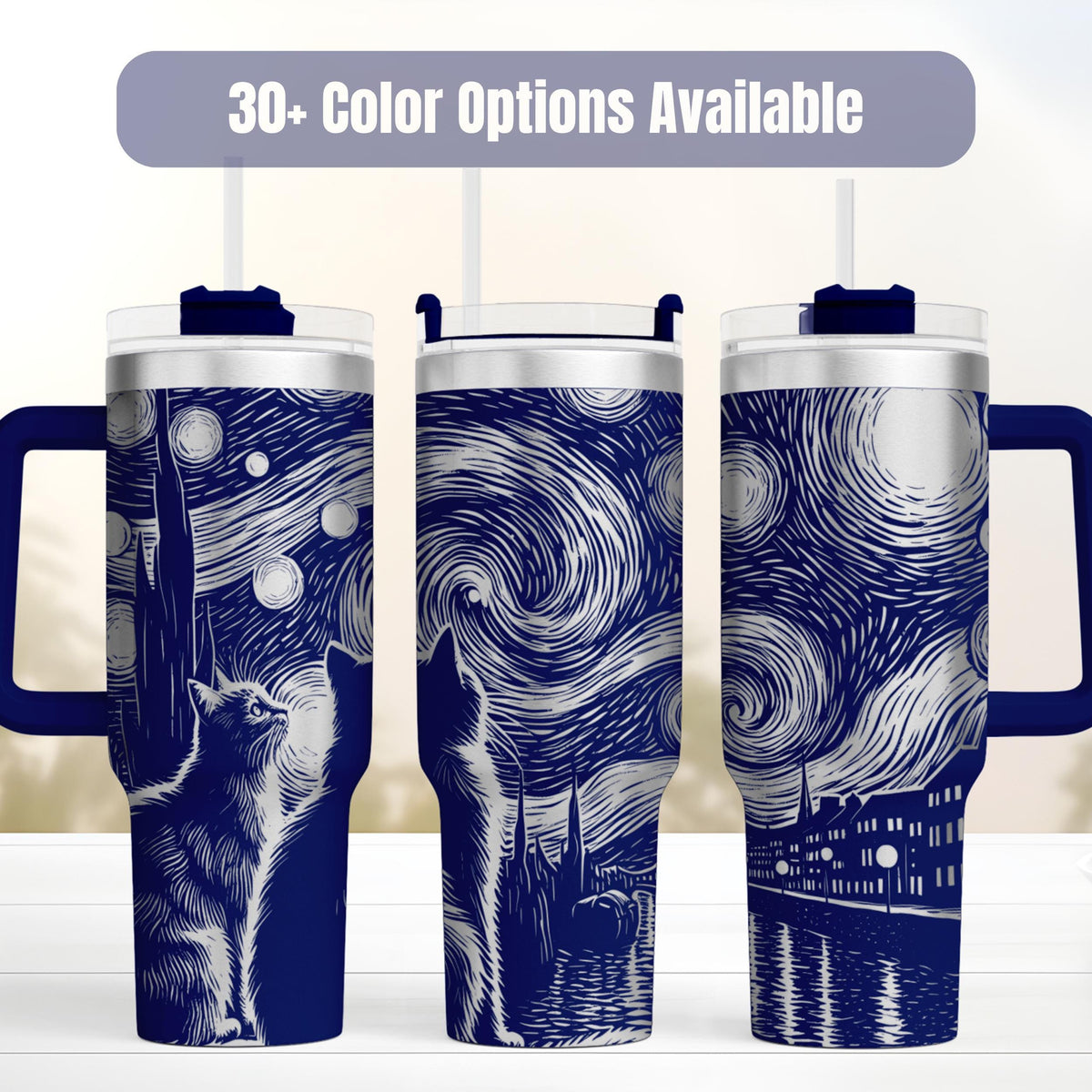 Artistic Cat Tumbler Starry Night Design Inspired By Van Gogh Navy Blue White Swirling Patterns 40oz Vacuum Insulated Stainless Steel Travel Mug Double Wall Construction Perfect Gift For Art Lovers Cat Enthusiasts Coffee Drinkers Daily
