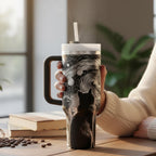 Vacuum Insulated Travel Mug 40oz Stainless Steel Tumbler Double Wall Construction Keeps Beverages Hot Cold For Hours Artistic Cat Design Navy Blue Swirling Patterns Handle For Easy Carrying Perfect Commuter Coffee Cup Office Desk Accessory