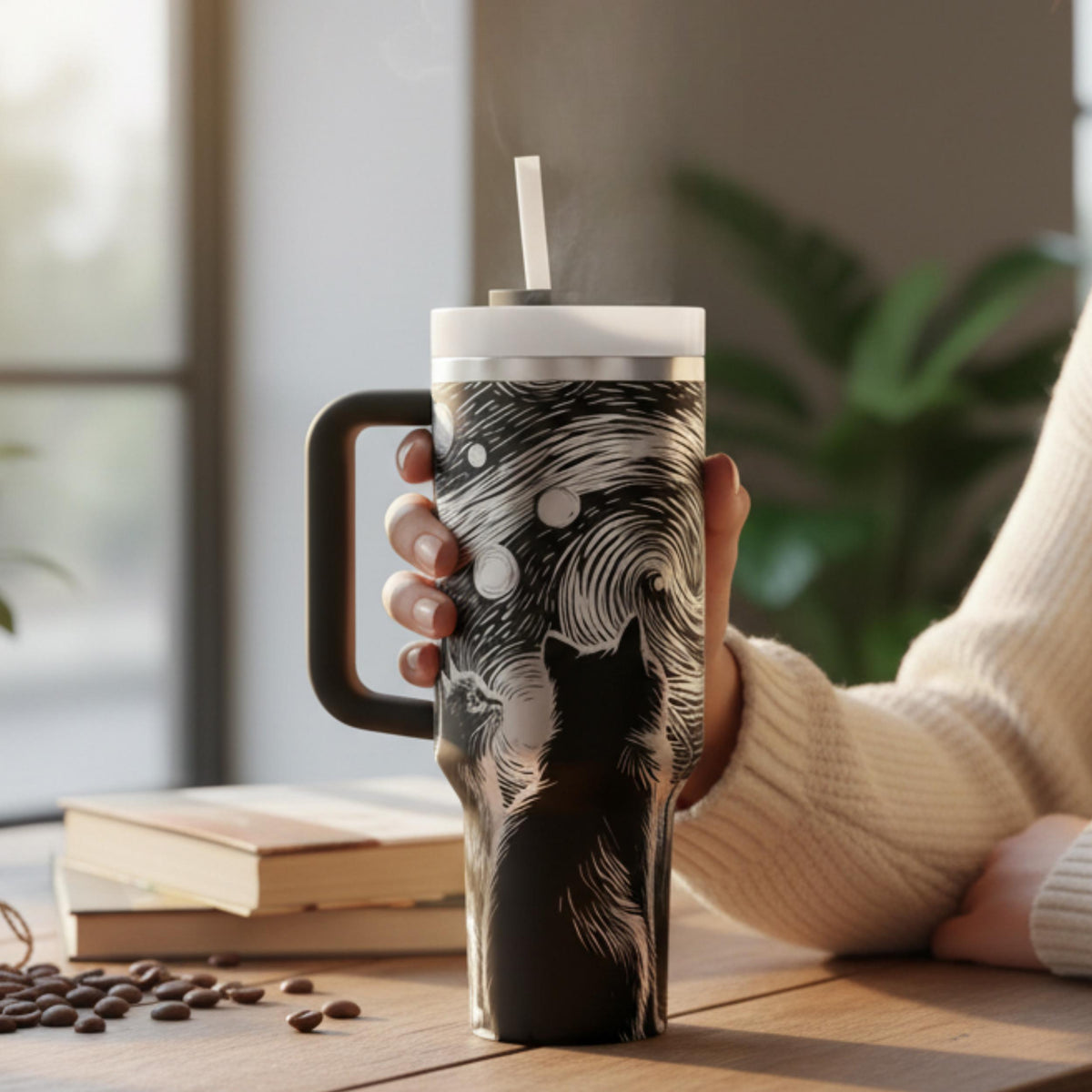 Vacuum Insulated Travel Mug 40oz Stainless Steel Tumbler Double Wall Construction Keeps Beverages Hot Cold For Hours Artistic Cat Design Navy Blue Swirling Patterns Handle For Easy Carrying Perfect Commuter Coffee Cup Office Desk Accessory