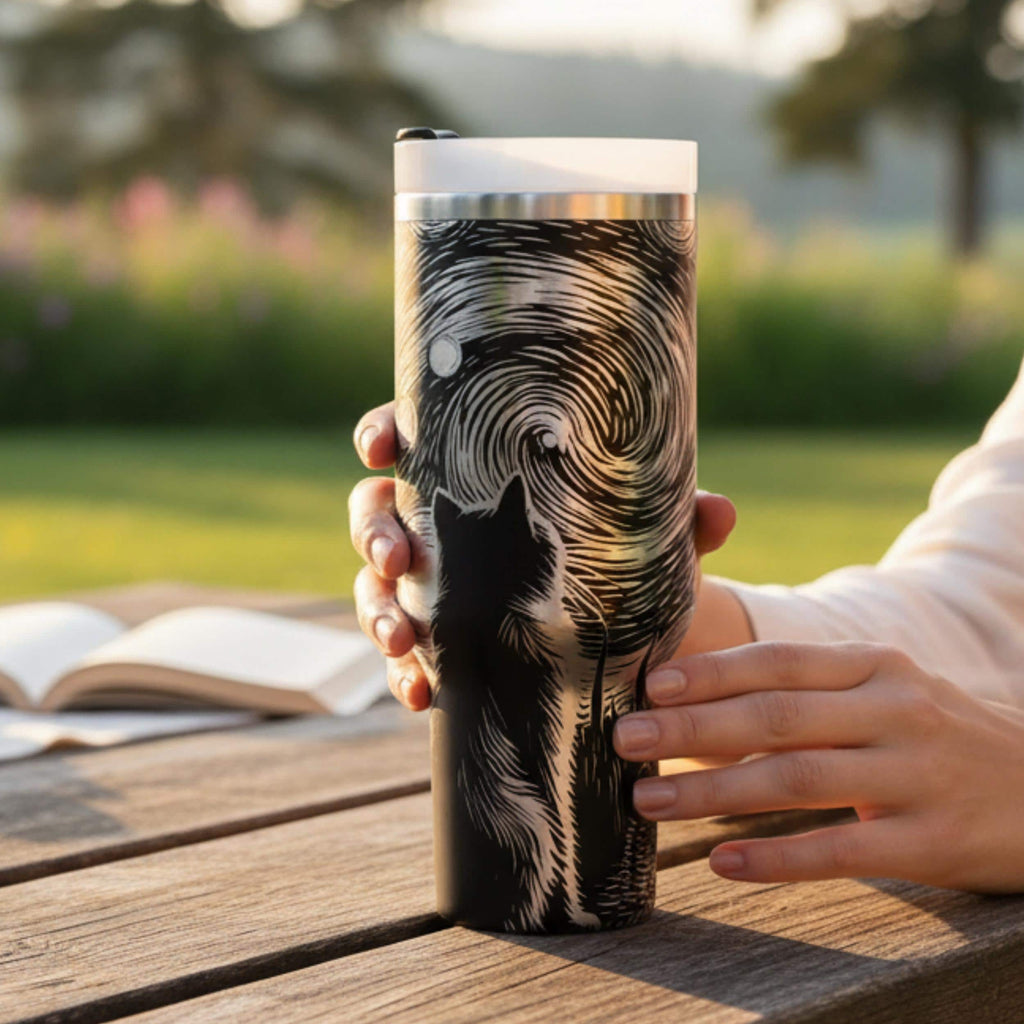 Travel Coffee Mug 40oz Capacity Vacuum Sealed Tumbler Stainless Steel Double Wall Insulation Artistic Cat Design Starry Night Theme Perfect Commuter Essential Office Travel Outdoor Adventure Hot Cold Beverage Control Navy Blue Swirling