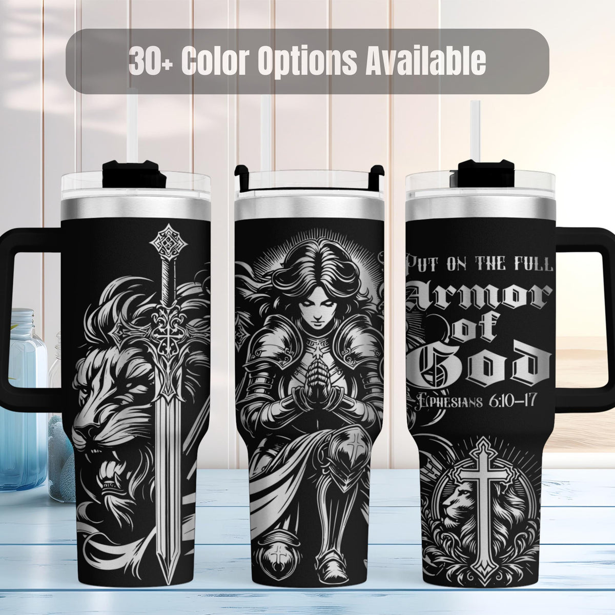 Christian Tumbler Insulated Stainless Steel Water Bottle With Handle Faith Based Gift Ephesians Scripture Warrior Knight Design Cross Imagery Details Daily Spiritual Inspiration Church Ministry Present Bible Study Essential Large Capacity