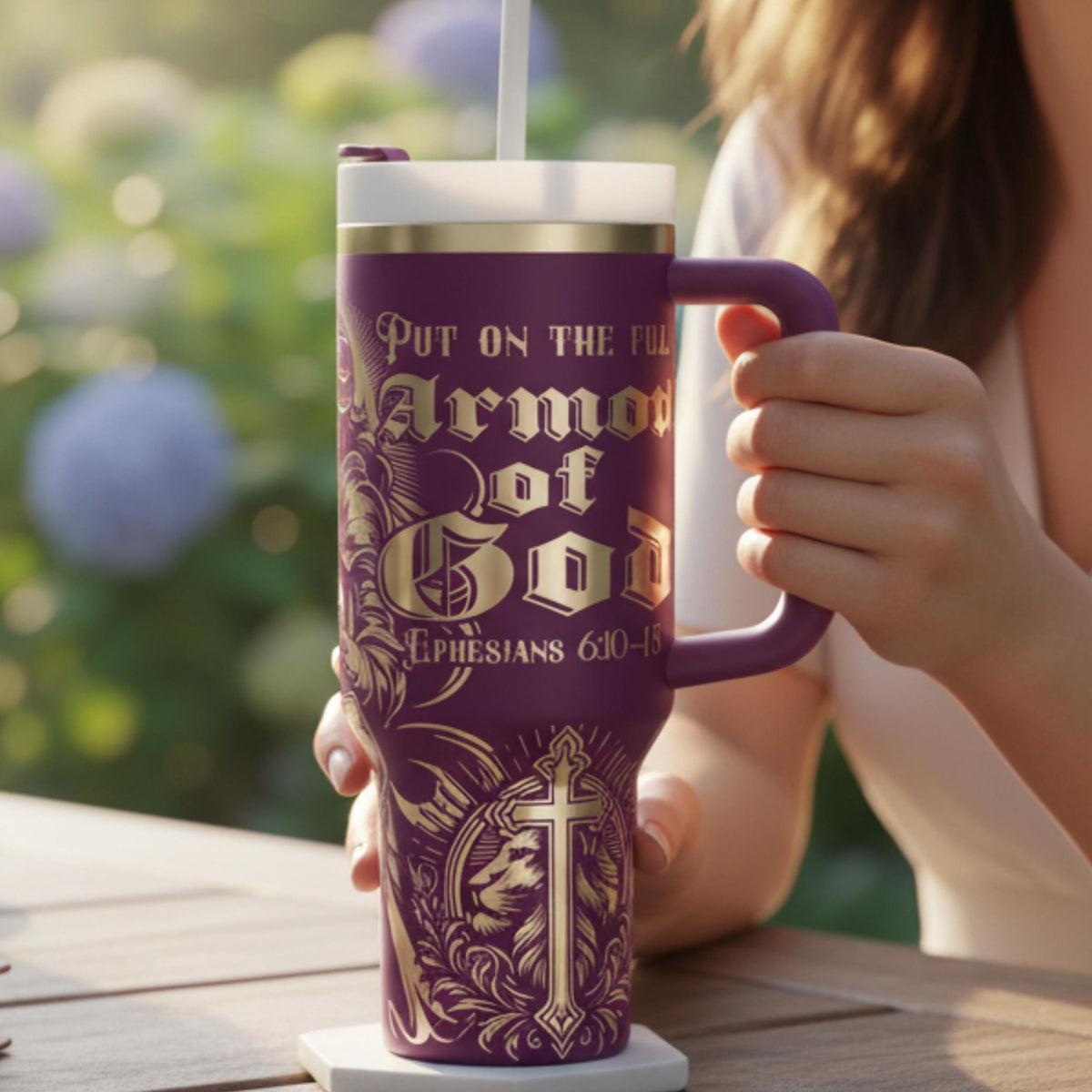 Faith Based Tumbler Large Capacity Insulated Bottle Stainless Steel Construction Christian Warrior Design Knight Imagery Scripture Reference Ephesians Cross Details Daily Inspiration Container Church Event Essential Spiritual Strength