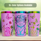 Highland Cow Tumbler With Butterflies Perfect Gift For Cow Lovers Insulated Drinkware 20oz Stainless Steel Travel Cup Farmhouse Kitchen Style Rustic Charm Design Laser Engraved Highland Cow Art Rainbow Holographic Finish Wildflower
