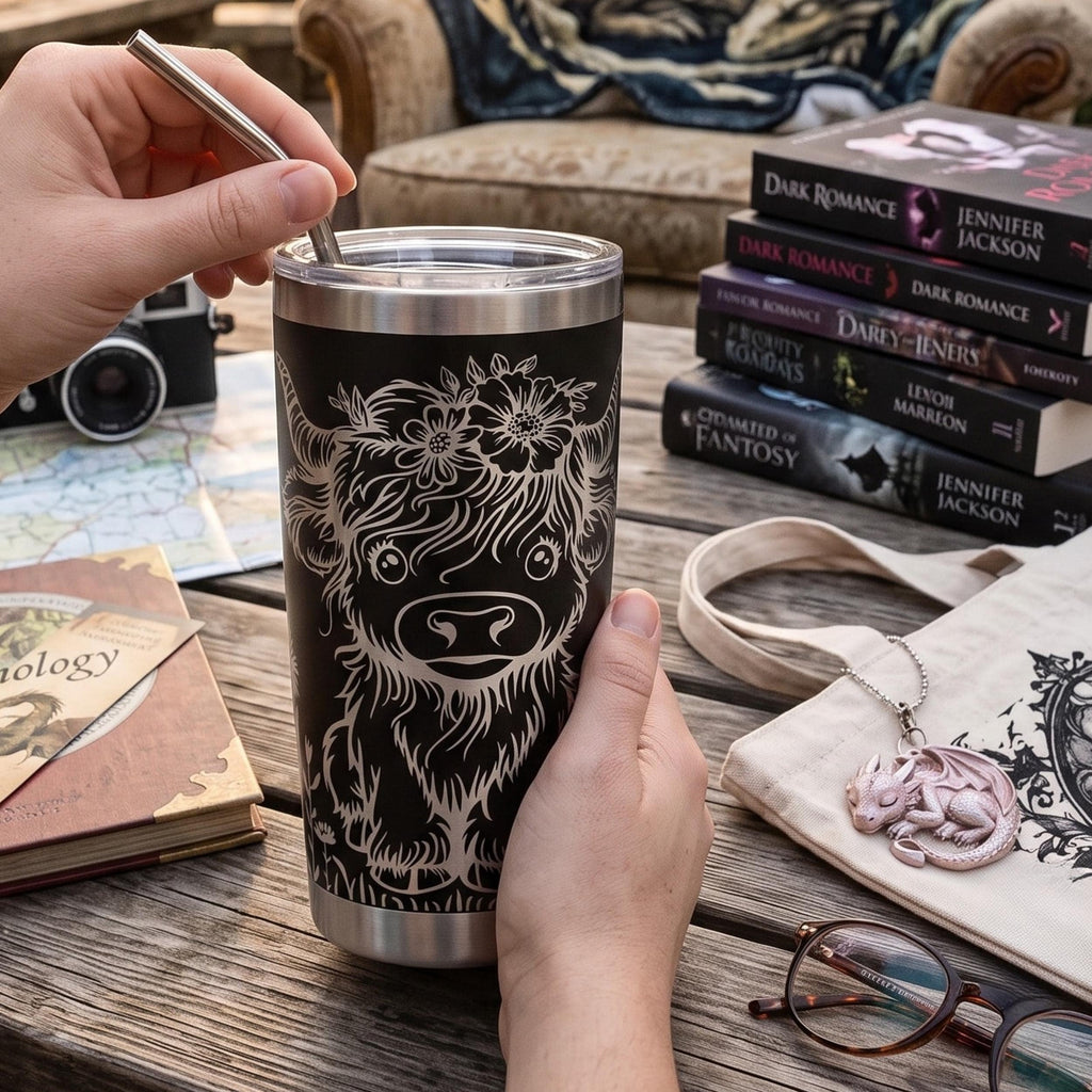 Holographic Rainbow Highland Cow Tumbler Butterfly Dragonfly Design Wildflower Pattern Insulated Drinkware 20oz Stainless Steel Cup Laser Engraved Farmhouse Decor Travel Mug Pink Lavender Color Nature Themed Gift For Women Country Aesthetic