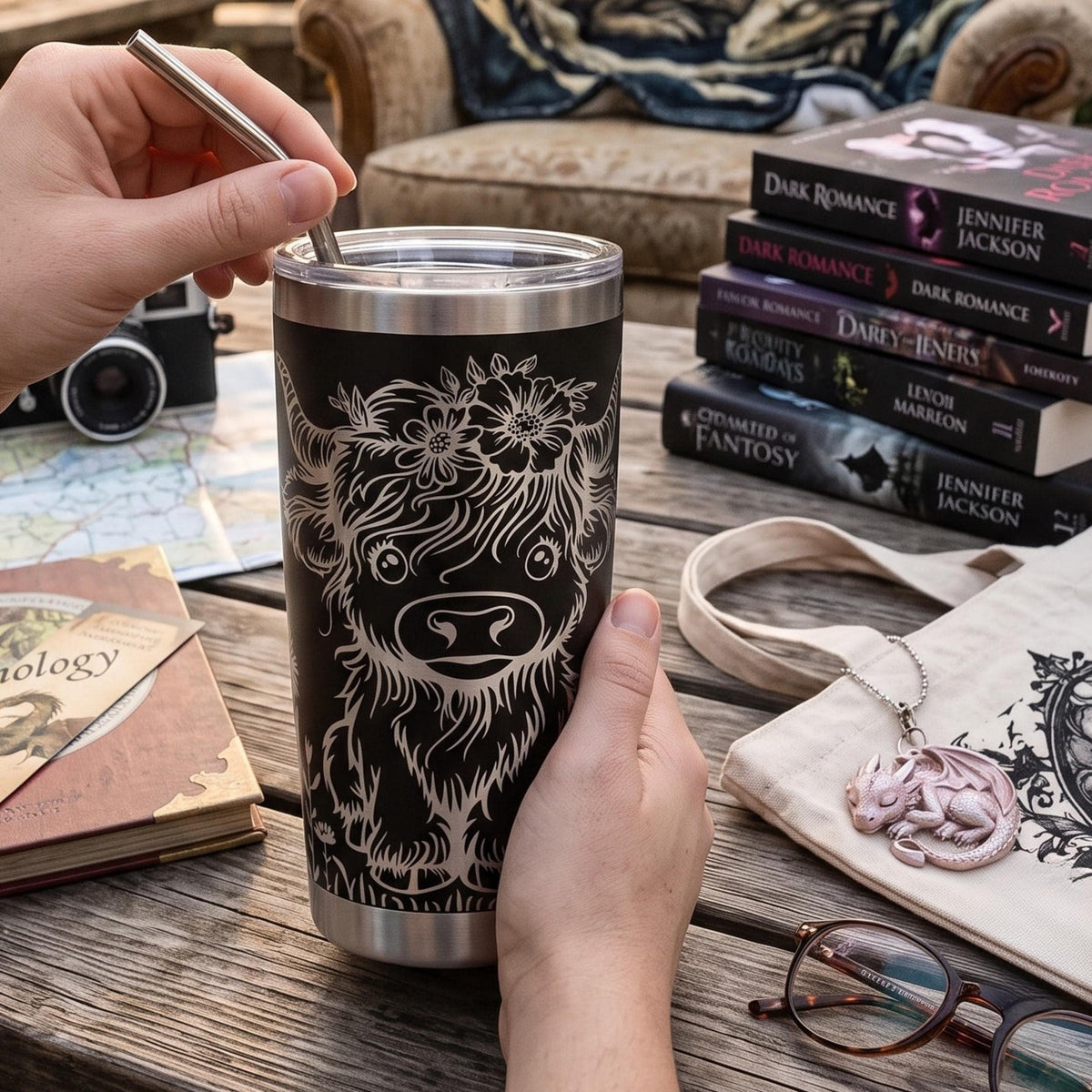 Holographic Rainbow Highland Cow Tumbler Butterfly Dragonfly Design Wildflower Pattern Insulated Drinkware 20oz Stainless Steel Cup Laser Engraved Farmhouse Decor Travel Mug Pink Lavender Color Nature Themed Gift For Women Country Aesthetic