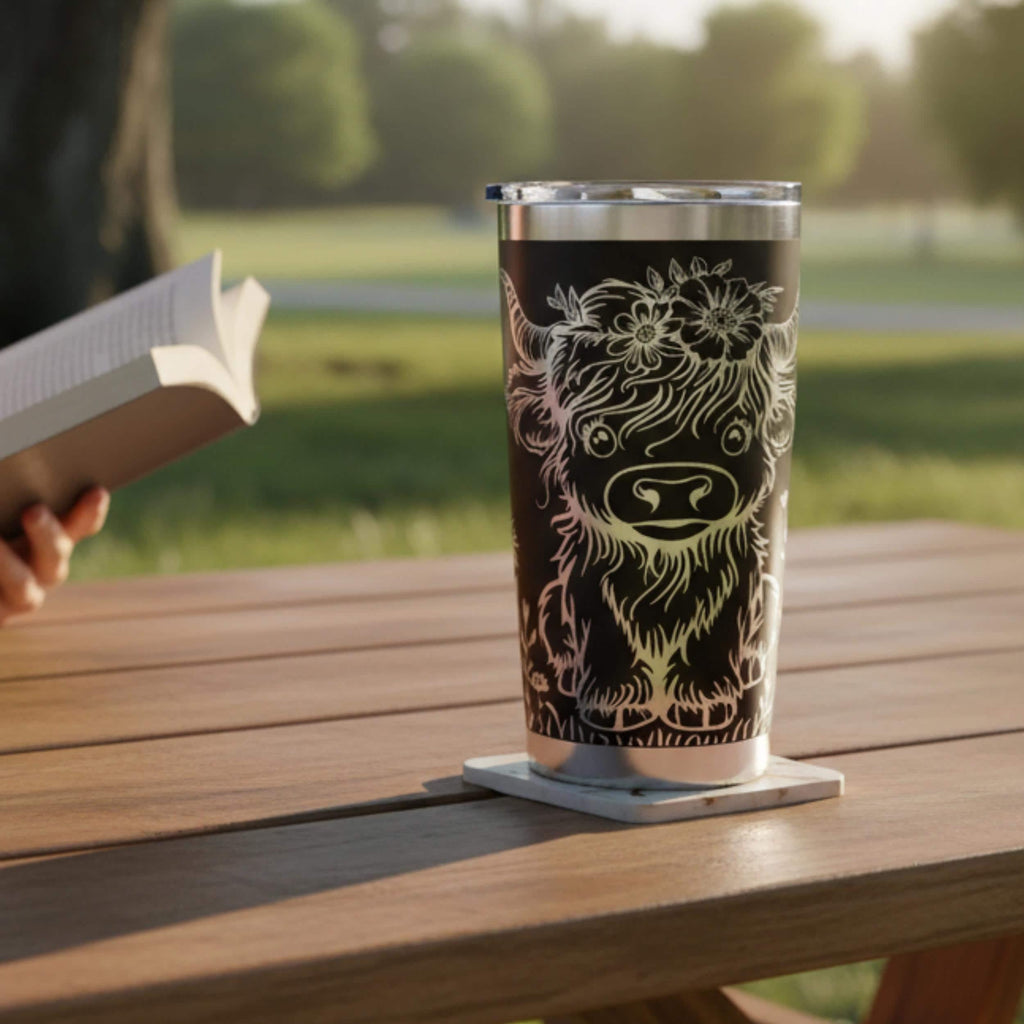 Farmhouse Style Highland Cow Tumbler Rustic Charm Drinkware Country Aesthetic Travel Cup Nature Themed Insulated Tumbler 20oz Stainless Steel Animal Lover Gift Butterfly Wildflower Design Holographic Rainbow Pattern Laser Engraved Cow Art