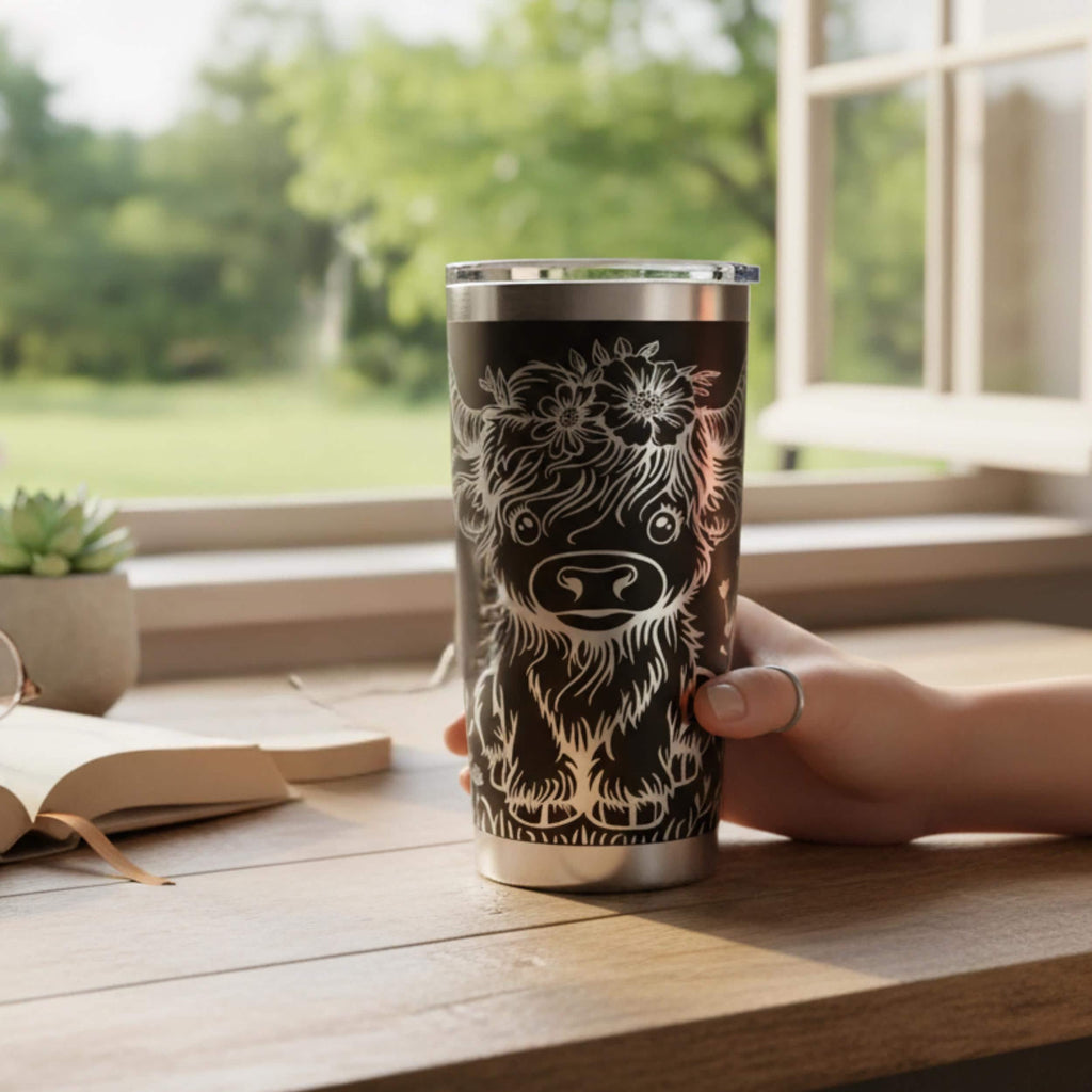 Highland Cow Tumbler – 20oz Insulated Drinkware with Butterfly Design