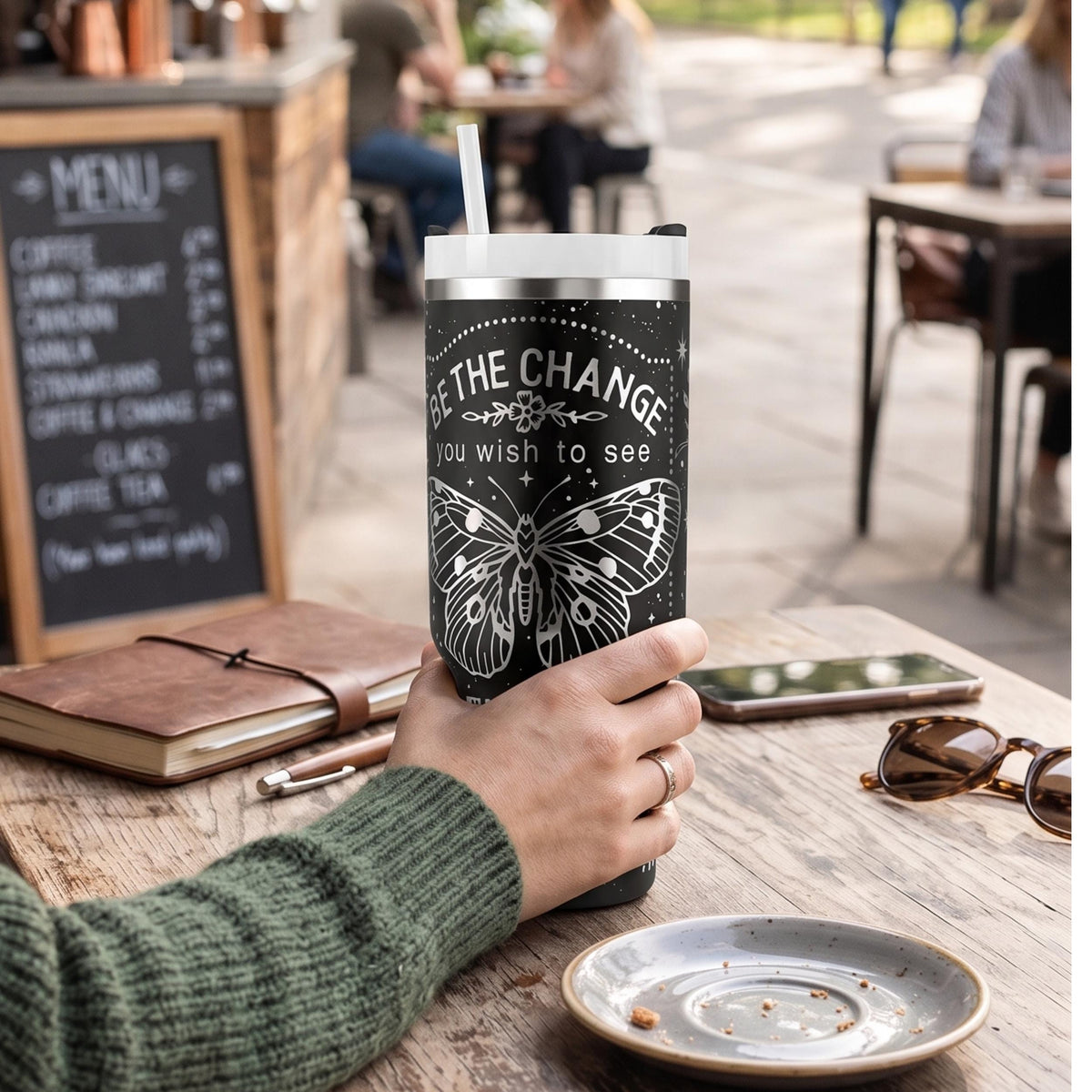 Inspirational Butterfly Tumbler Motivational Quote Cup Be The Change Message Stainless Steel Insulated Drinkware 40oz Capacity Perfect Empowerment Gift For Women Teacher Appreciation Counselor Present Rose Pattern Design Double Wall