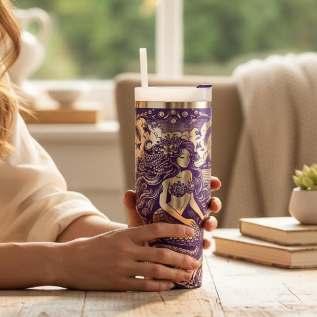 Ocean Wave Fantasy Tumbler Gothic Mermaid Design 40 Oz Insulated Travel Mug With Handle And Straw Double Walled Stainless Steel Construction Beach Lover Drinkware Seashell Pattern Keeps Drinks Cold Hot Perfect Summer Accessories Nautical