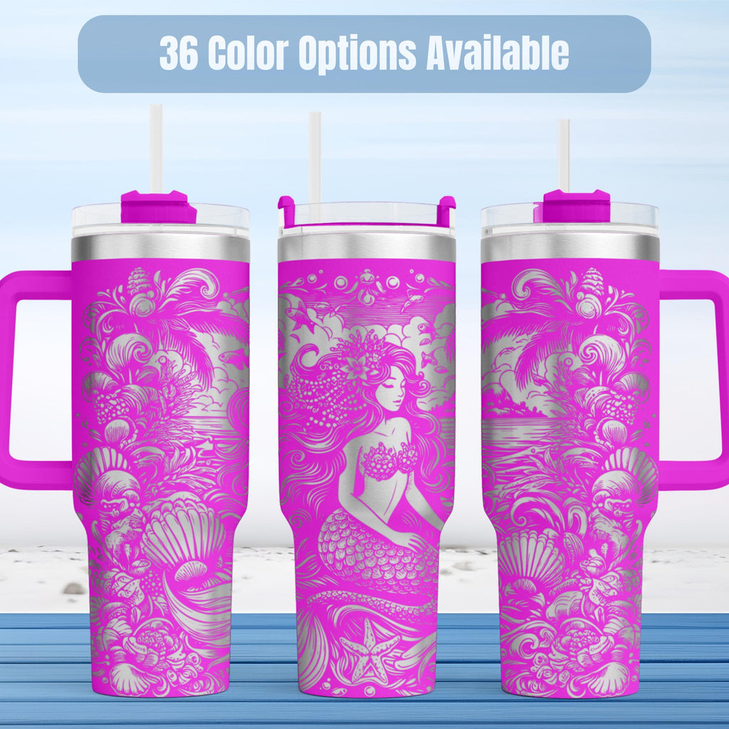 Gothic Mermaid Tumbler 40 Oz Insulated Stainless Steel Double Walled Construction With Handle And Straw Cup Perfect Beach Lover Gift Ocean Wave Fantasy Art Design Seashell Pattern Keeps Drinks Cold Hot Travel Mug Summer Accessories Nautical