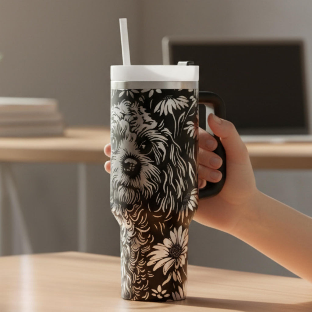 Travel Cup Goldendoodle Design Insulated Tumbler 40oz Capacity Stainless Steel Construction Double Wall Insulation Handle Mug Perfect Dog Mom Gift Pet Portrait Daisy Flower Pattern Daily Hydration Essential Car Cup Holder Compatible