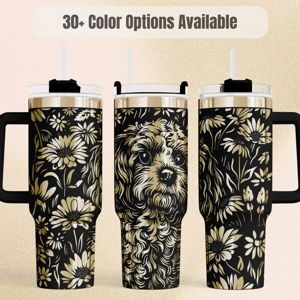 Goldendoodle Tumbler Insulated Stainless Steel Travel Cup 40oz Capacity Double Wall Insulation Keeps Beverages Hot Cold Hours Pet Portrait Daisy Flower Design Perfect Dog Mom Gift Daily Hydration Accessory Car Cup Holder Compatible Travel