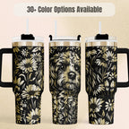 Goldendoodle Tumbler Insulated Stainless Steel Travel Cup 40oz Capacity Double Wall Insulation Keeps Beverages Hot Cold Hours Pet Portrait Daisy Flower Design Perfect Dog Mom Gift Daily Hydration Accessory Car Cup Holder Compatible Travel