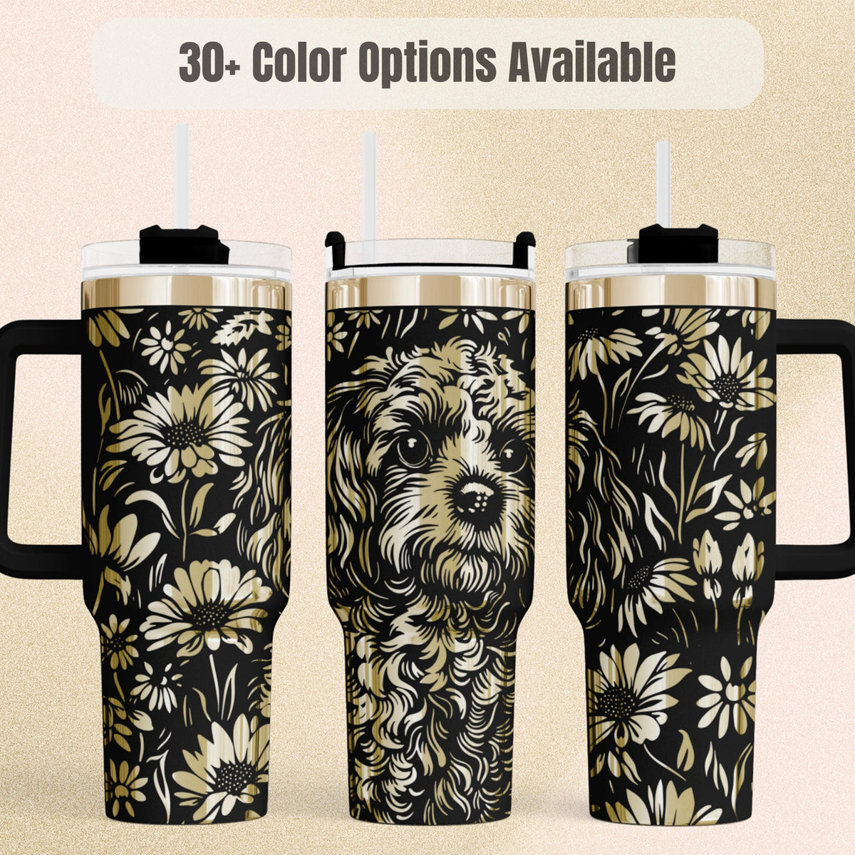 Goldendoodle Tumbler Insulated Stainless Steel Travel Cup 40oz Capacity Double Wall Insulation Keeps Beverages Hot Cold Hours Pet Portrait Daisy Flower Design Perfect Dog Mom Gift Daily Hydration Accessory Car Cup Holder Compatible Travel