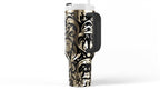 Calavera Design Tumbler Skull Handle Artwork 40 Oz Stainless Steel Construction Insulated Travel Mug Sugar Skull Floral Pattern Day Of The Dead Mexican Gothic Style Vacuum Sealed Drinkware Container Hot Cold Beverage Holder Premium Quality