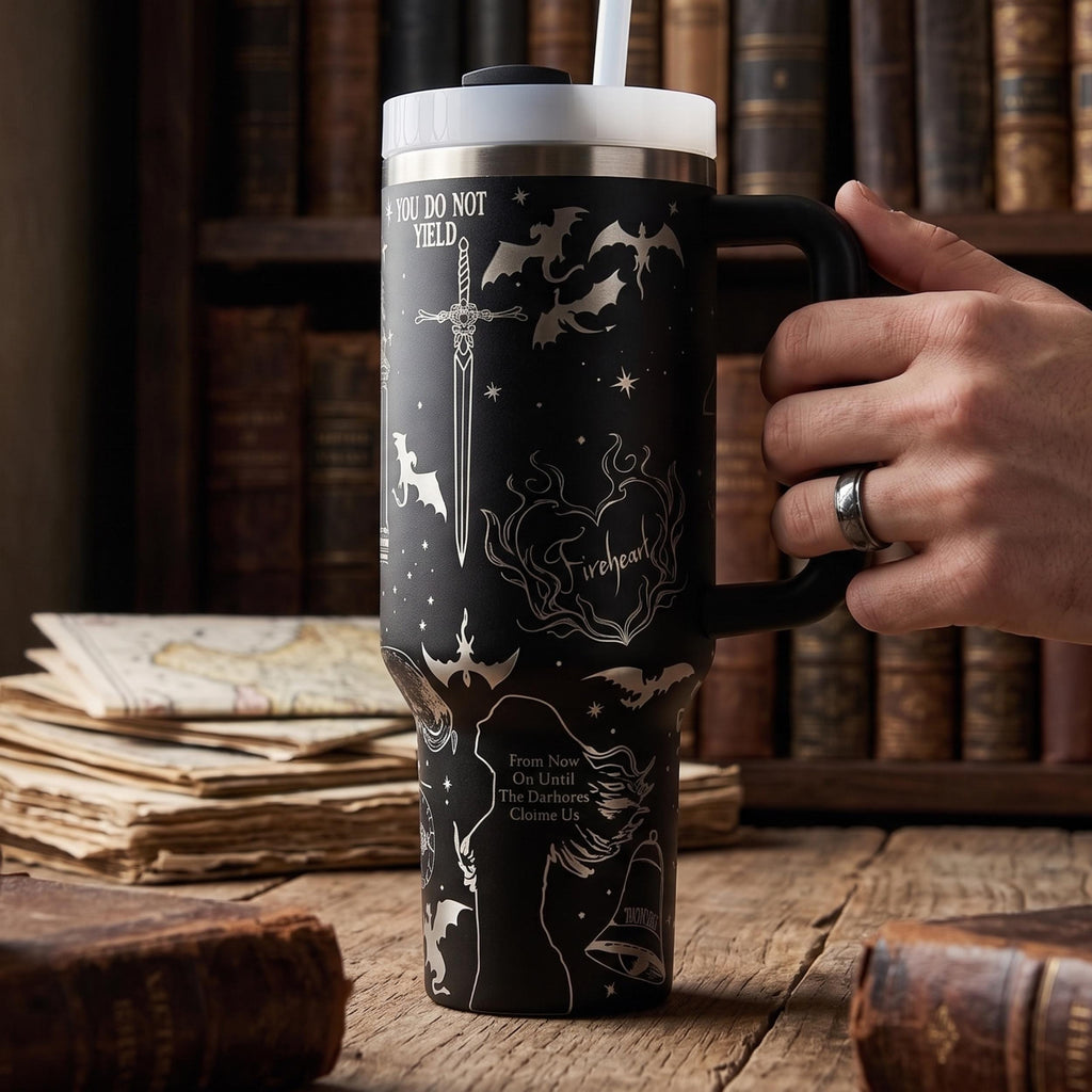 Book Lover Gift Cup Fantasy Reader Tumbler 40oz Insulated Drinkware Stainless Steel Construction Character Design Display Literary Quote Artwork Double Wall Insulation Technology Perfect Reading Companion Travel Mug Daily Commute Essential
